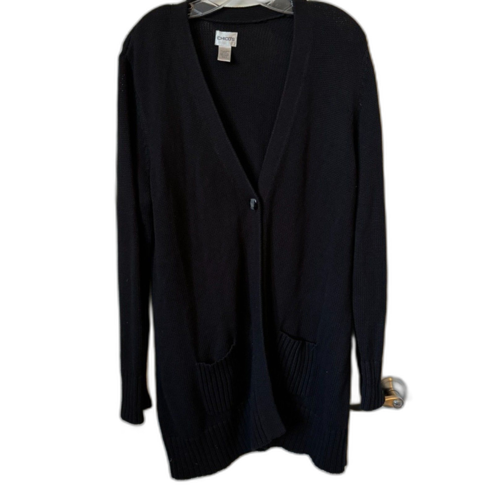 Chico's Long Black Cardigan Sz 2 (12-14) Long Sleeve Button Rayon & Cotton